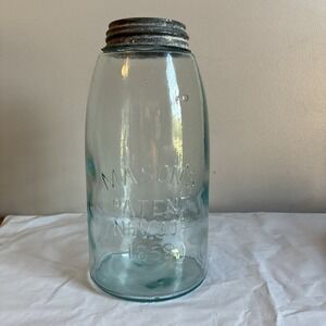 Antique AQUA Mason's Patent Nov 30 1858 Half Gallon Jar w/ ATLAS Zinc Lid